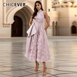 CHICEVER Solid Mesh Rose Dress For Women O Neck Sleeveless Off Shouder High Waist Spliced Lace Up Long Dresses Female Summer New