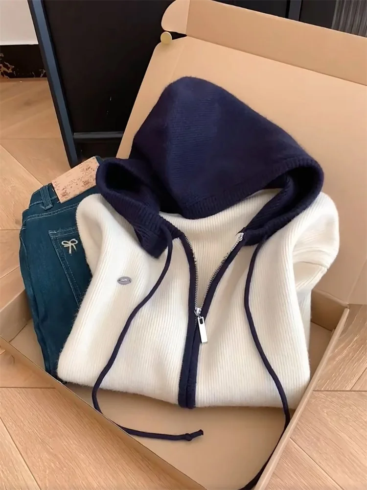 

Ladies' Knitted Hat Coat Soft Cozy Autumn Winter Zipper Hooded Sweater Korean Style Commute Long Sleeve Thick Warm Outerwear