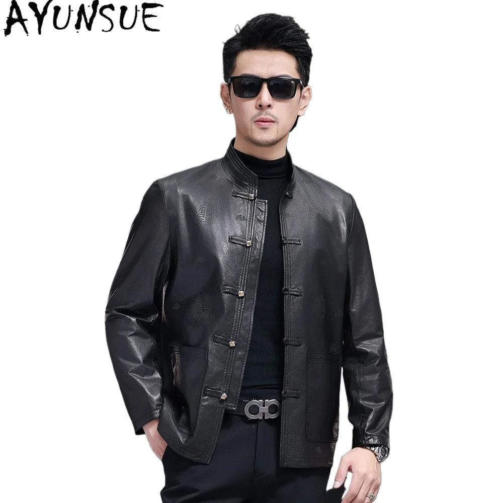 

AYUNSUE High-end Genuine Sheepskin Leather Jackets Man Chinese Style Fashion Real Leather Jacket Men Leather Coat Tang Clothing