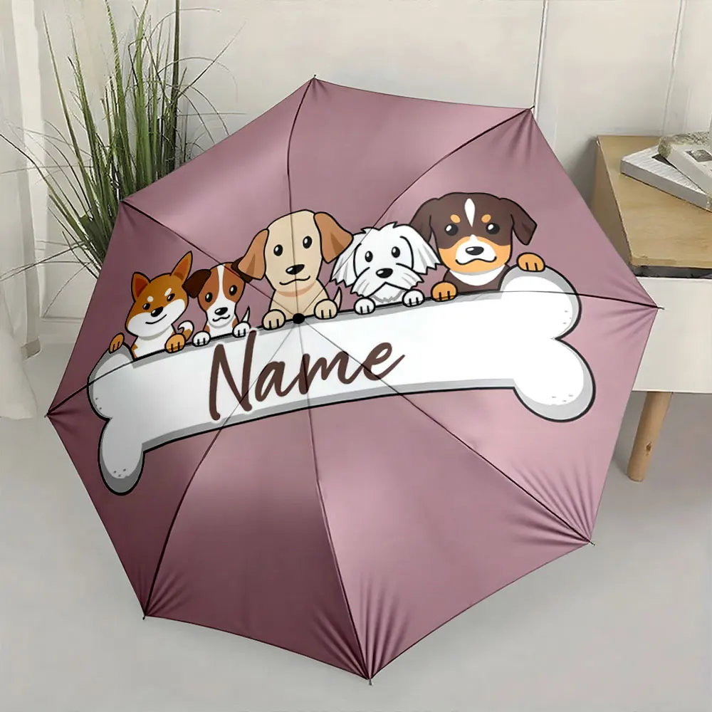Custom Name Cute Umbrella with Dog Cartoon Design Print 8 Iron Ribs Folding Umbrella, Auto-Open Fashion Sunshade
