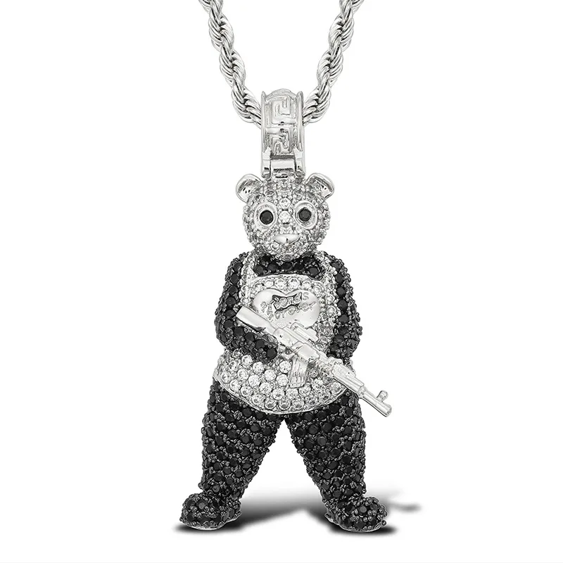 

Iced Out Gun Panda Pendant Necklace Hip Hop Full Black White Zircon Unisex Cuban Chain Nightclub Party Jewelry Trendy Essential