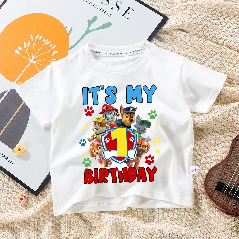 Children Birthday Number T Shirt Paw Patrols Clothes Party Cartoon Figure Print Boys T-Shirt White Short Sleeve Tops Tee Gift
