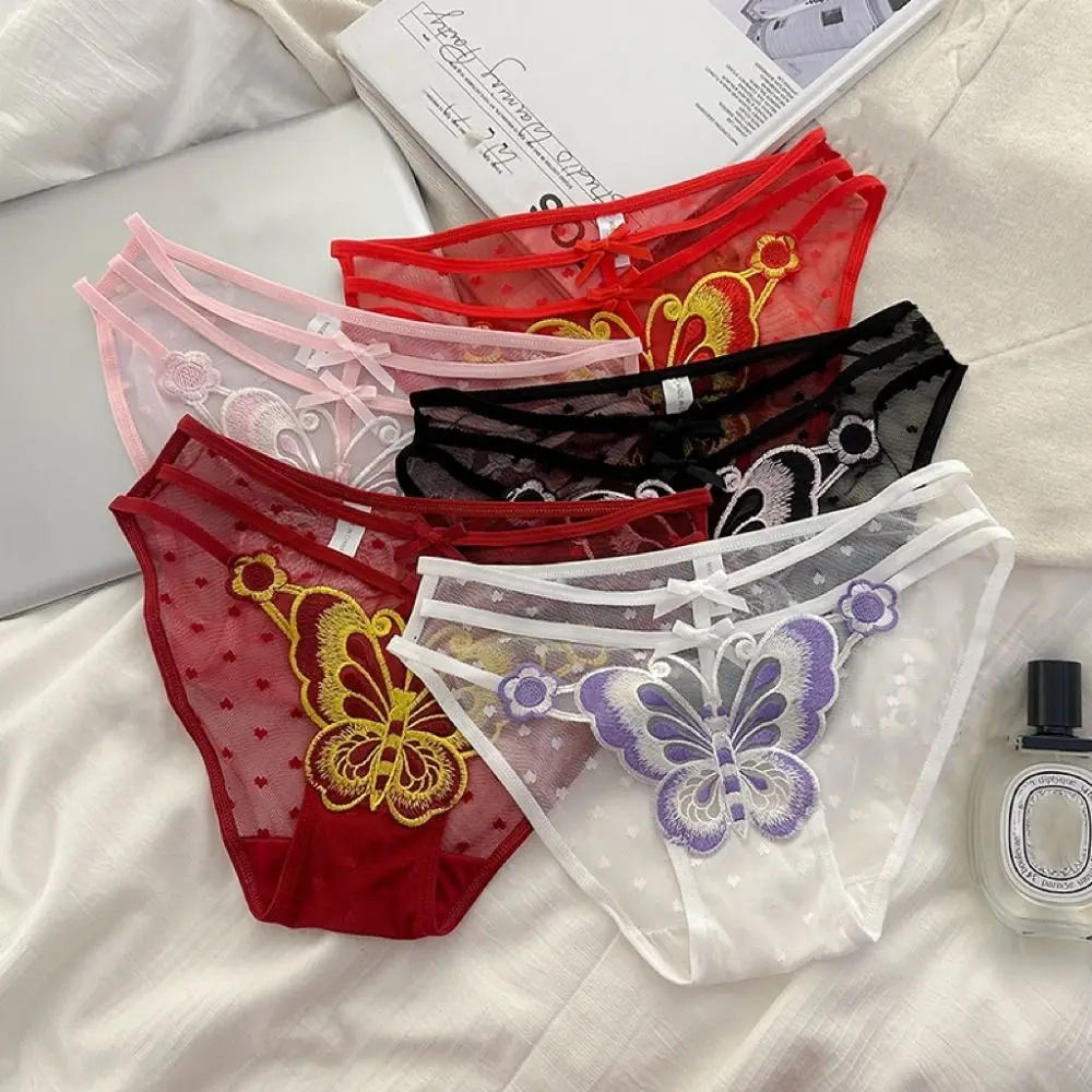 Transparent Cotton Crotch Butterfly Embroidery Bow Underpants Low-Waist Mesh Hollow Lace Bowknot Briefs Seamless Female Lingerie