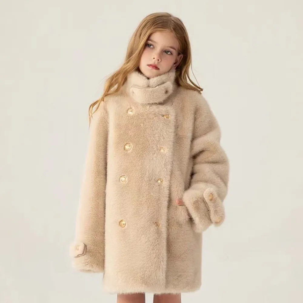 

2025 New Children's Fur Coat Autumn Winter New Item Girls Parker Coat High-Quality Imitation Mink Fur Coat Long Kids Clothes