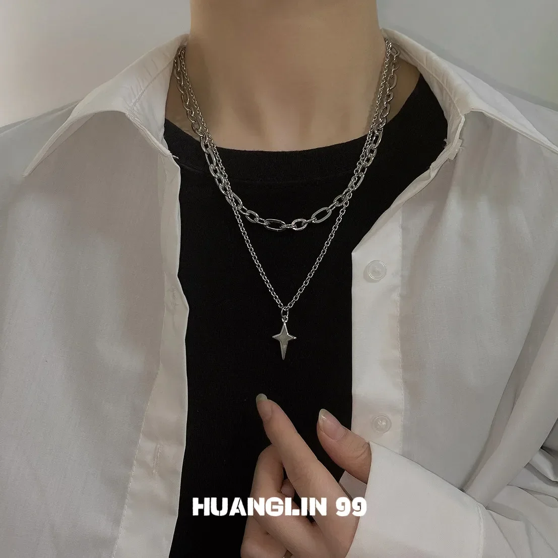 Titanium steel double-layer splicing tetragonal star stacking necklace women's niche T-shirt sweaterchainacold wind men'sjewelry