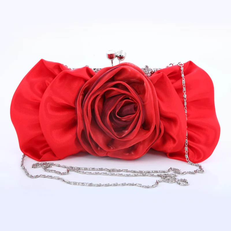 

Elegant Roseflower Satin Clutches Bag Diamond Rose Flower Bride Evening Bag for Women Banquet Dinner Cheongsam Dress Handbag