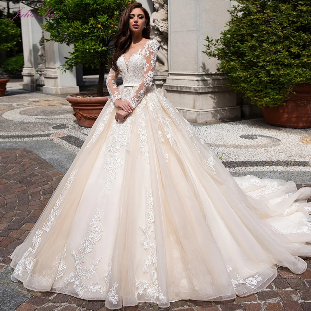 Julia Kui Full Sleeve Of Vintage Court Train Ball Gown Wedding Dress With Scoop Neckline