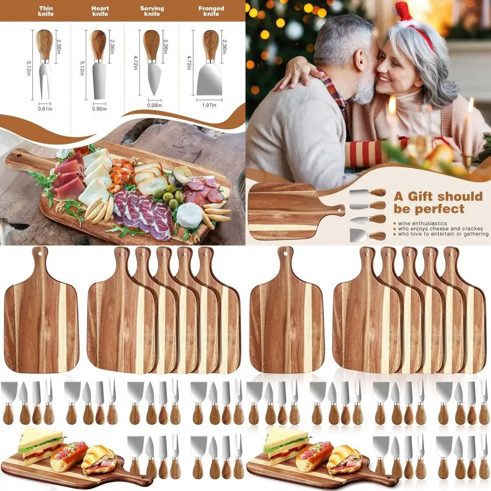 

6-Piece Wooden Cutting Board Set with Handle and Cheese Tools - Perfect for Meat, Cheese, Veggies, Gifts, and Special Occasions