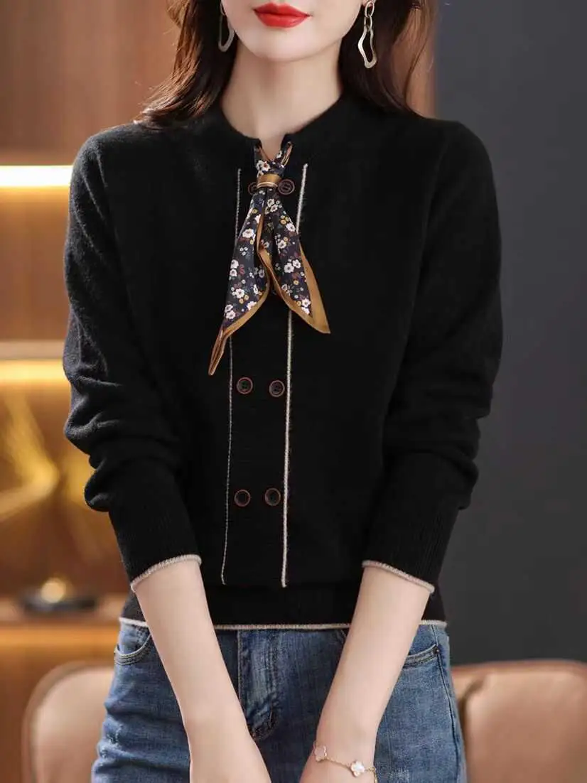 Malhas Es Fenas com Design de Gola Alta e Faixa, Lenço de Seda, Camada Base Quente e Faion para Outono e Inverno...