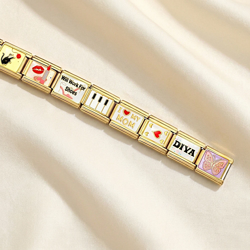 URING Bunte Cartoon-Regenbogen-Italienische Charms 9MM Goldfarbene Edelstahl-Gliederarmbänder DIY-Perlen Kreuz Pizza Poker Schmuck – Detail 2