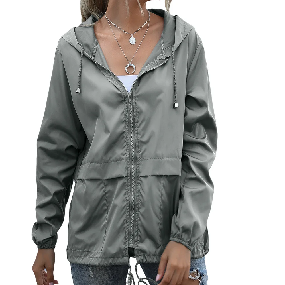 Women\'s Zipper Hoodie Raincoat Lightweight Outdoor Hiking Raincoat Jacket Solid Color Raincoat Women Impermeable