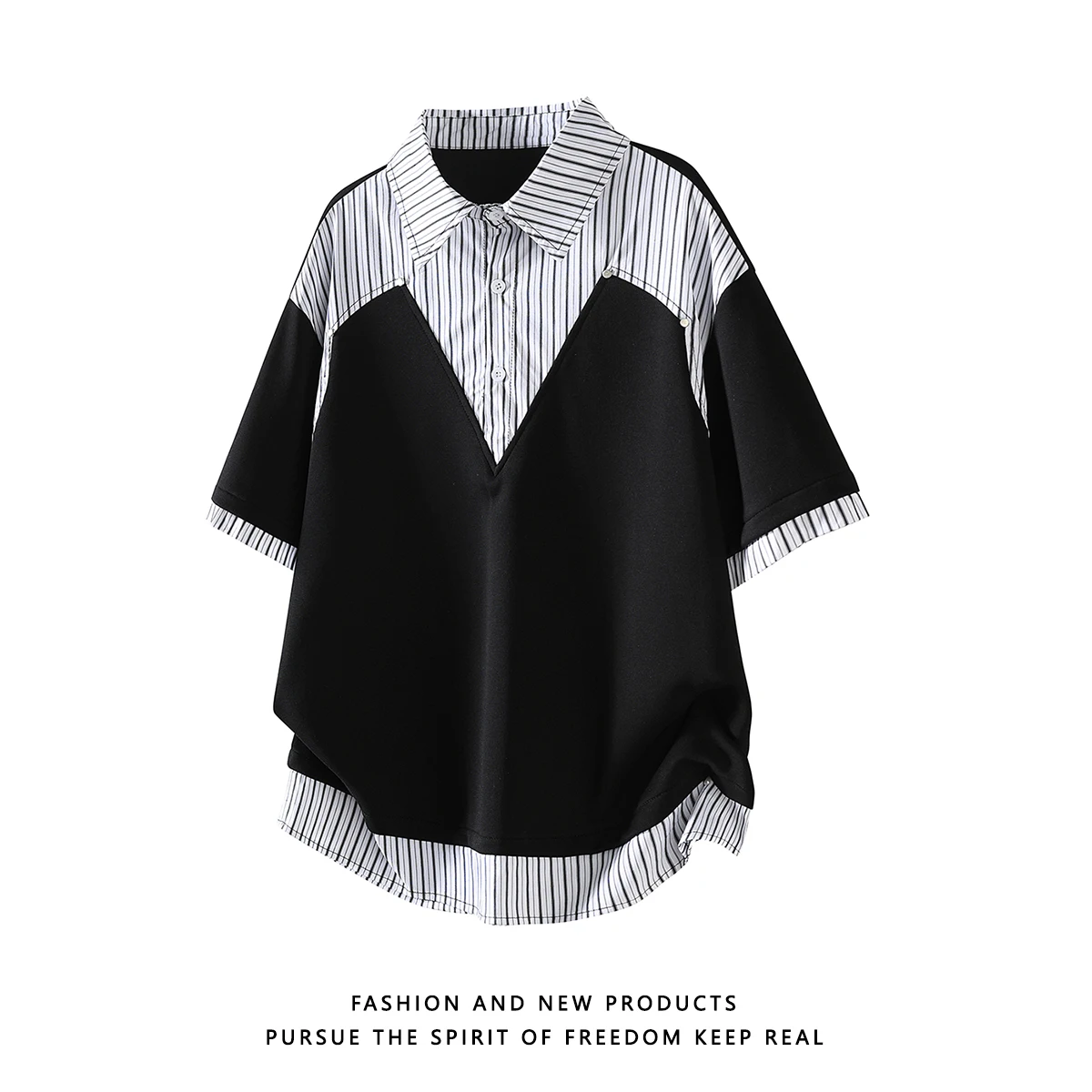 Summer Men's Two-piece Dissected Stripes Polo Shirt Short-Sleeve T-Shirt