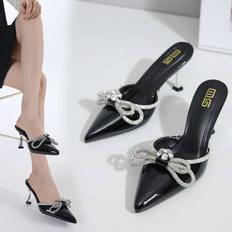 

Shoes For Women Pointed Toe Crystal Bow High Heels Sexy Stilettos Fashionable Outer Women's Modern Slippers