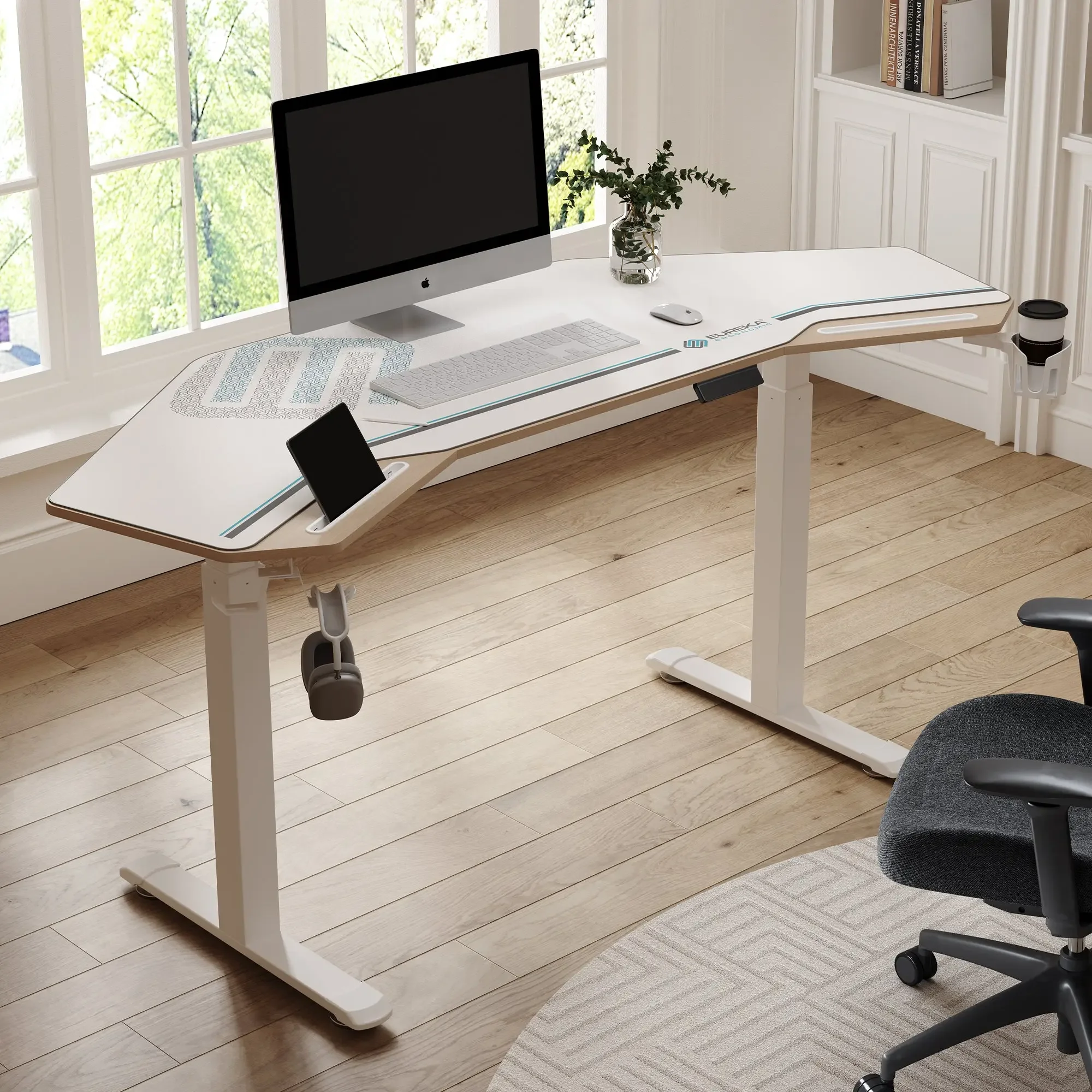 

！@Combohome Computer Gamer Desk with Monitor Stand, Ergonomic MDF Surface Gaming Table with Mouse Pad for Home Office
