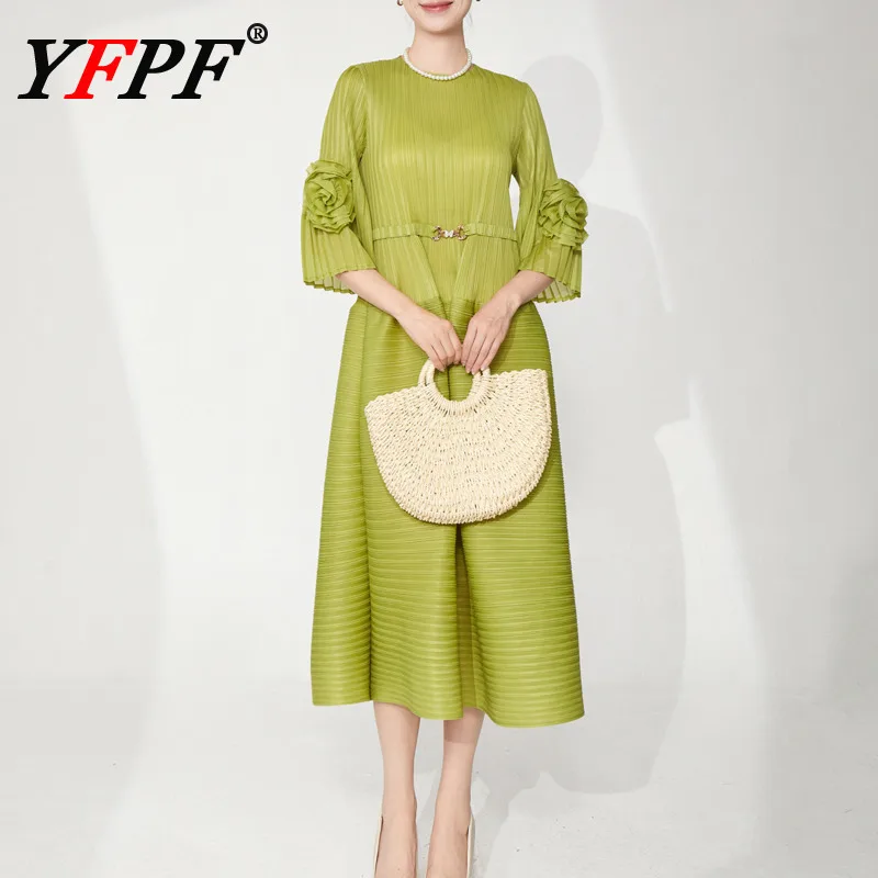 

YFPF Pleated Elegant A Line Long Dress For Woemn 3D Floral Sleeve Belt Gathered Waist Party Dresses 2025 New Clothing 3A202