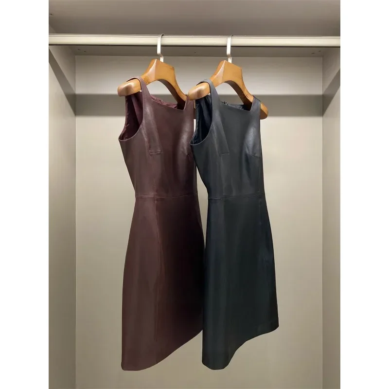 Vestido de couro genuíno para mulheres, Novo vestido sem mangas elástico de pele de carneiro, Vestido preto clássico