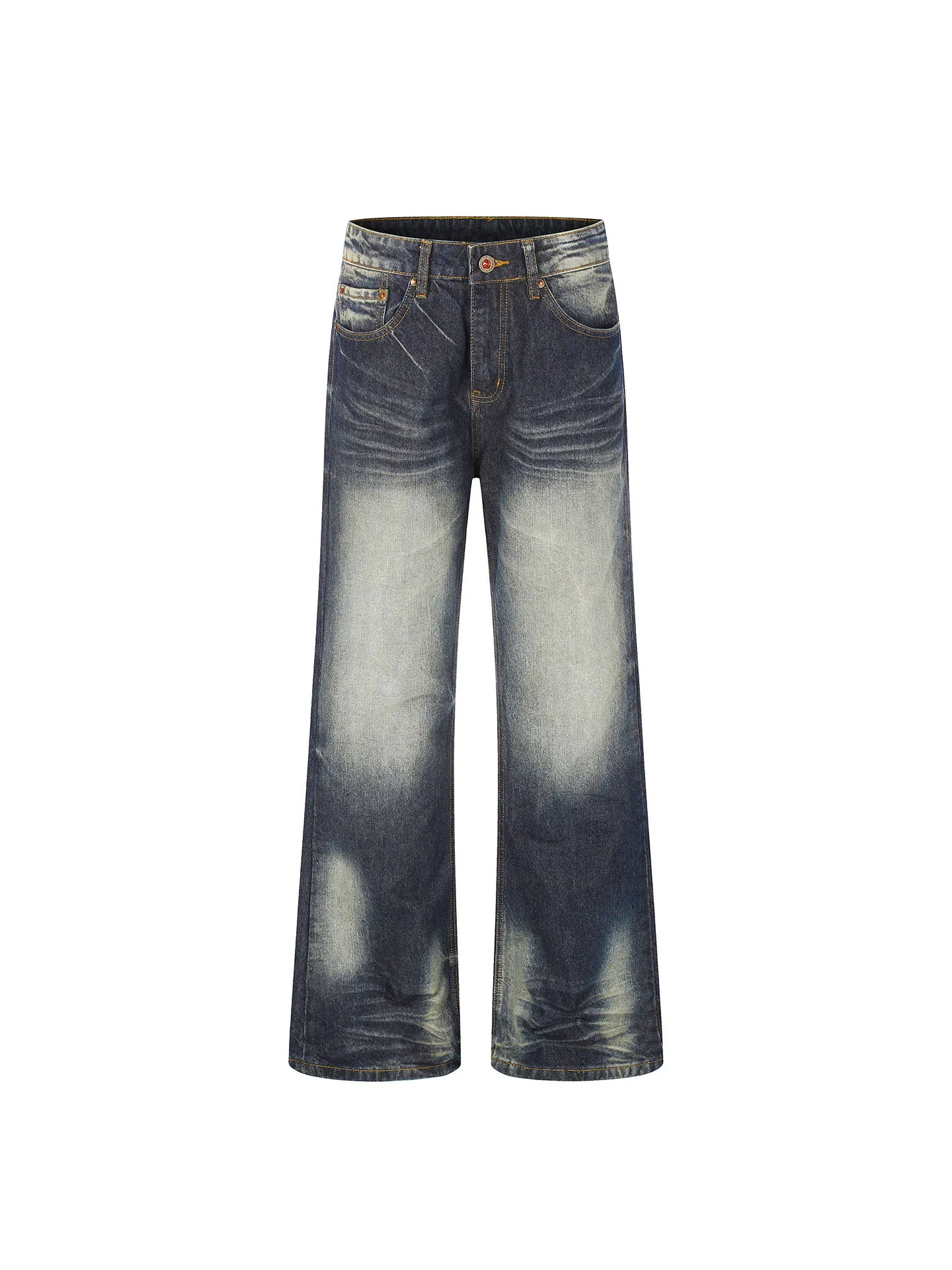 Jeans Vintage Lavados em Azul Oceano Profundo para Homens e Mulheres, Estilo Casual, Corte Reto, Cintura Média, Calças de Alg...