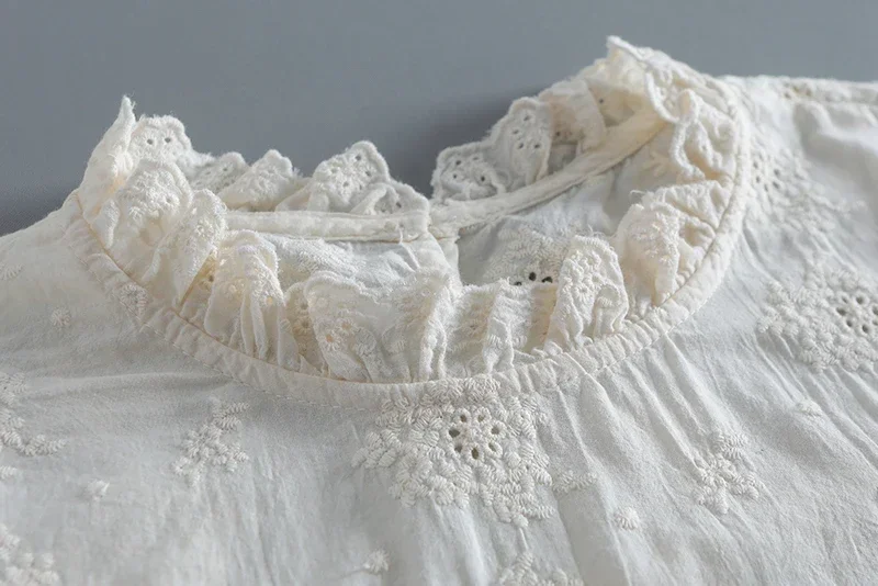 Cotton Linen Female Victorian Cottagecore Floral Embroidery Eyelet Lace Blouse Women Edwardian Rococo Lolita Mori Girl Shirt