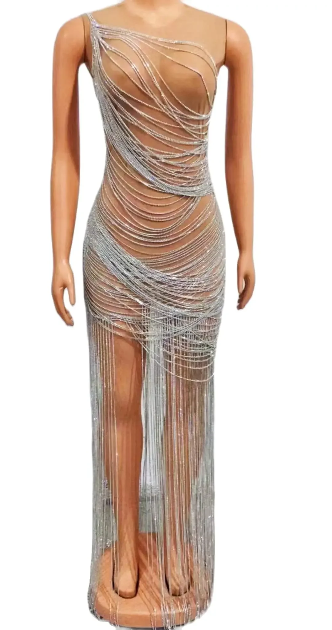 See Through Mesh Shinning Sleeveless Sexy Birthday Dress Women Stage Wear S-XL Drill Chain Party Drag Queen Fringe Outfit 2022