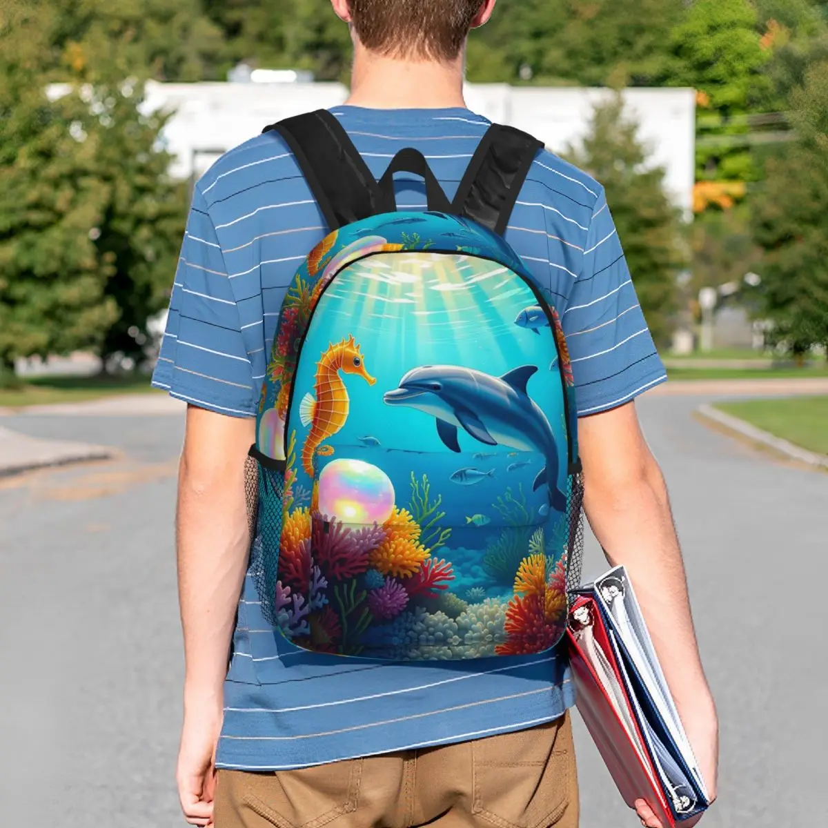 Underwater World Cute Dolphin And Seahorse Backpack Student BookBag Kids School Bag Laptop Shoulder Bags for Men Women