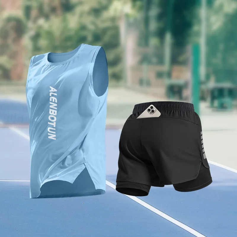 Conjunto esportivo masculino para corrida, verão, nova chegada, treinamento de maratona, roupas fitness, profissional, secagem rápida, regata e short 