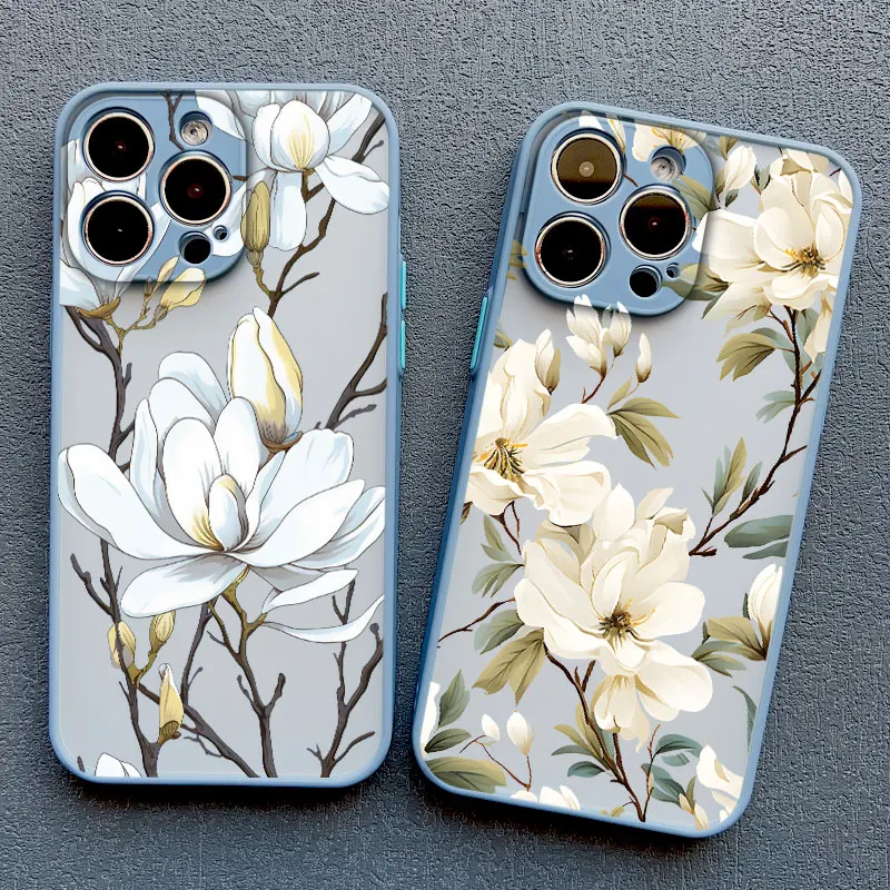 White Magnolia Flower Phone Case For iPhone 15 13 12 Mini 11 Pro Max 14 Pro Max Plus XR XS X 7 8 Plus SE Plum Blossom Back Cover