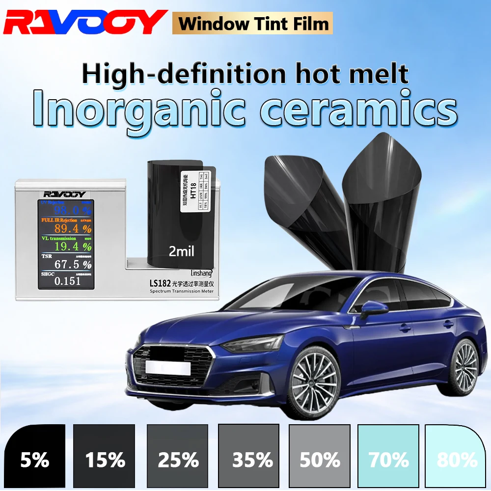 

Пленка для тонировки окон автомобиля RAVOOY HT18, двухслойная, на основе горячего расплава, неорганическая керамическая, 2 мил, 19,4% VLT, для автомобильного применения, 152 см x 30 м