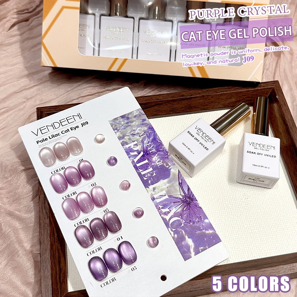 Vendeeni 5 Farben/Set Lavendel-Lila Kristall-Katzenaugen-Gel-Nagellack TPO FREI Magnetischer UV-LED-Soak-Off-Gel-Lack mit Display – Detail 11