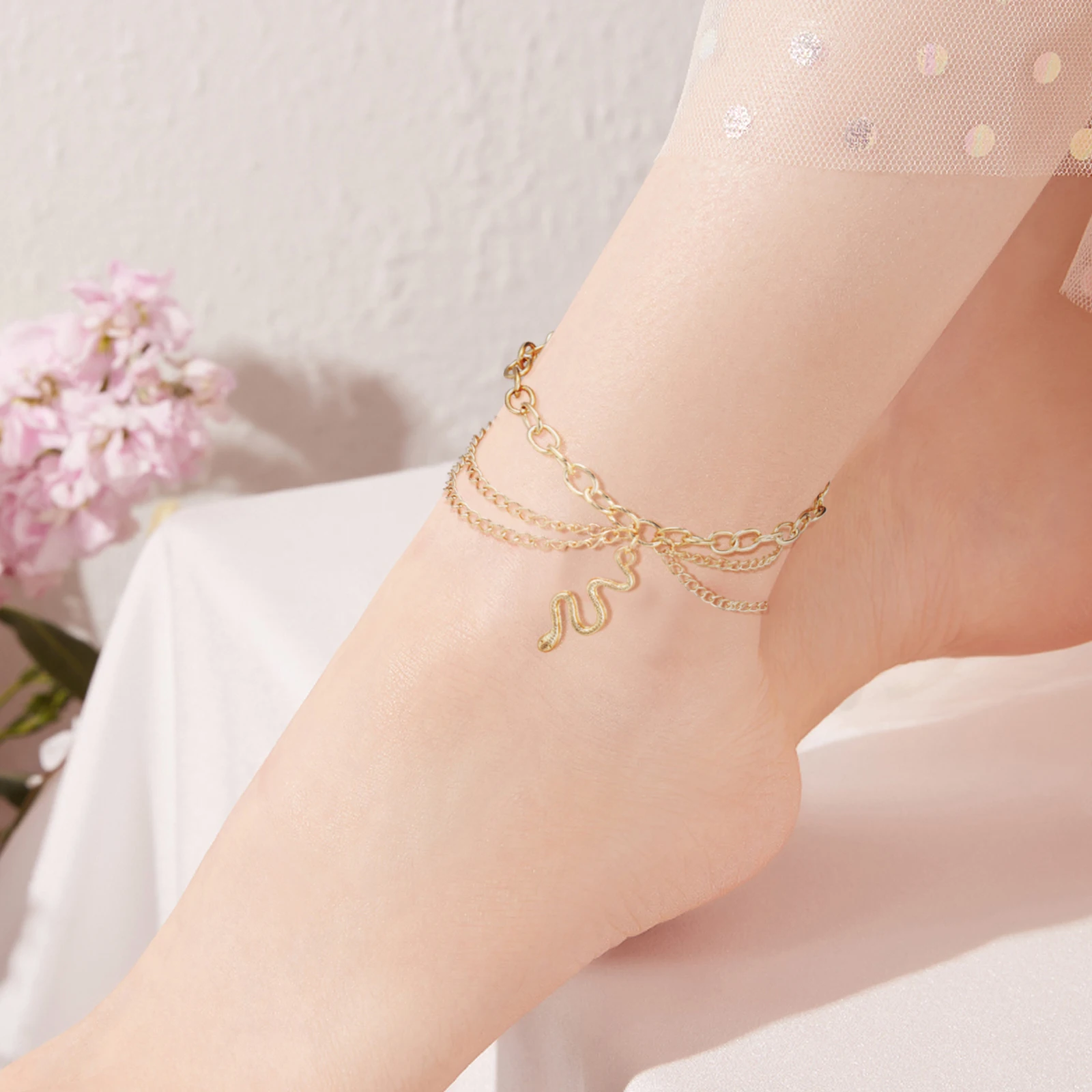

Metal Gold Cross Anklet Adjustable Layered Chain Snake Pendant Ankle Bracelet for Women Summer Beach Jewelry