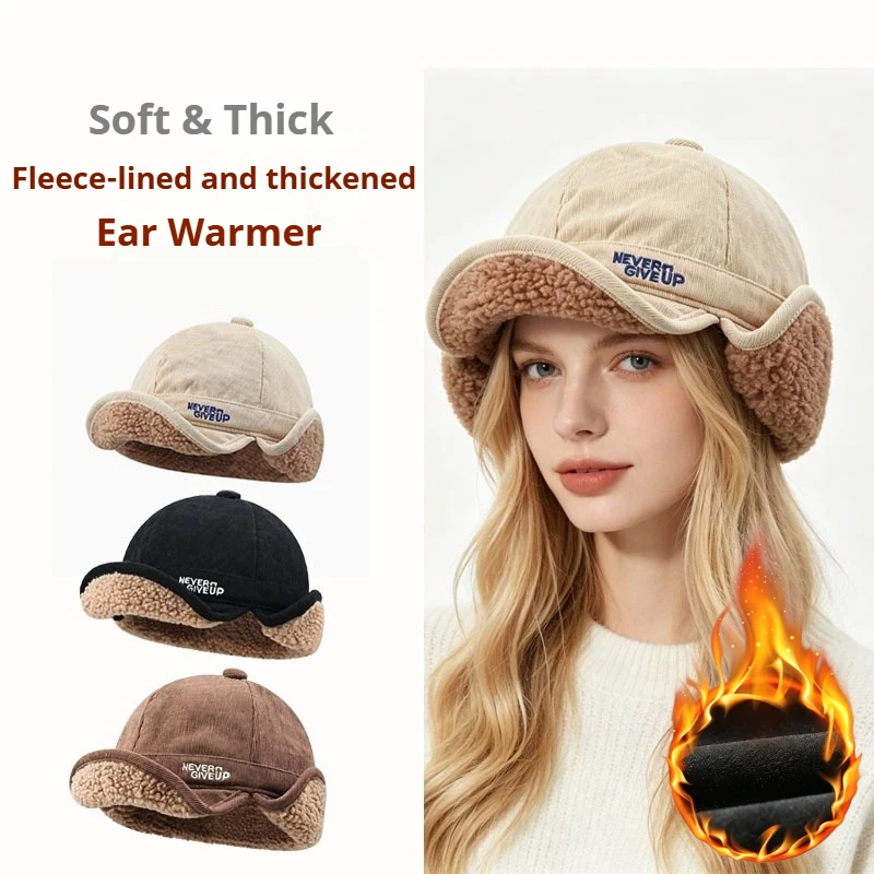 Unisex Corduroy Fleece Lined Trapper Hat Ear Flap Winter Warn Thick Warm Hat Earmuffs 2 in 1 Ear Protection Cap with Embroidery