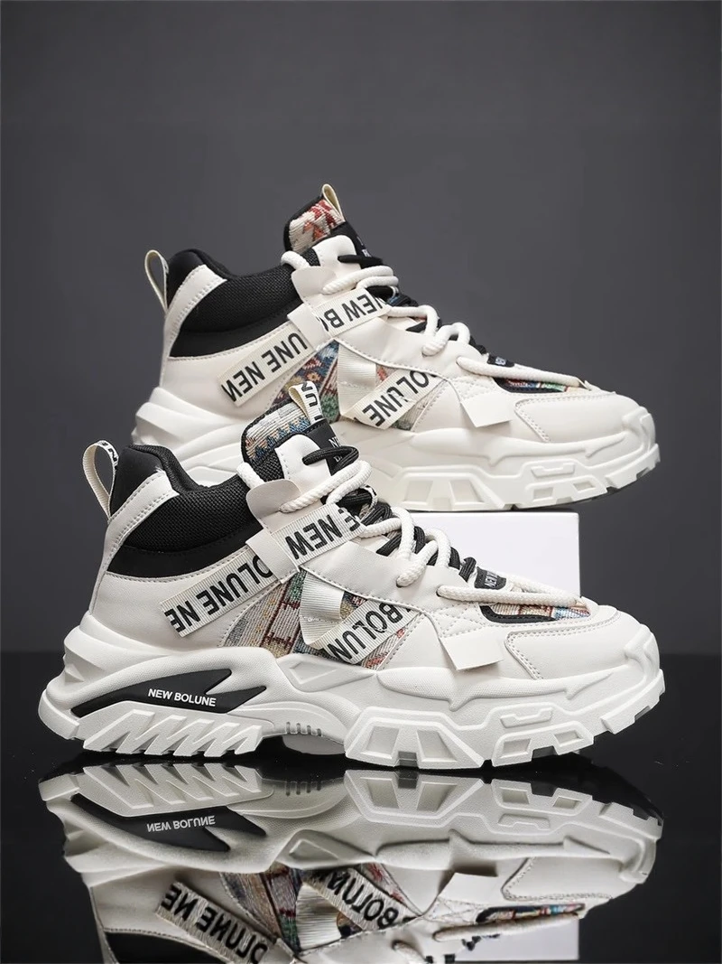 Casual High-Top Men's Shoes 2026 New Winter Trend Versatile Thick Bottom Heightening Dad Shoes Sporty Style round Toe PU Mate...