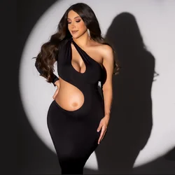 Sexy Black Pregnant Woman Photography Dress Slope Shoulder Stretchy Skinny Maternity Long Dress Photo Shoot Gown