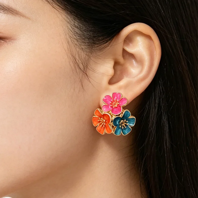 New American Sweet Drip Oil Flower Earrings Small Fresh Vacation Style Earrings Fashionable High End Women's Elegant Earrings