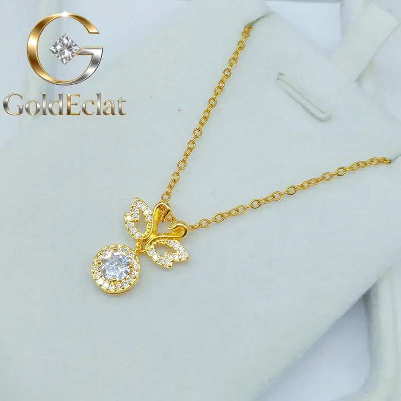 

GoldEclat Women's Clavicle Chain 9999 24K Real Gold Double Swan Pendant Inlaid Moissan Diamond Fashion Necklace Niche