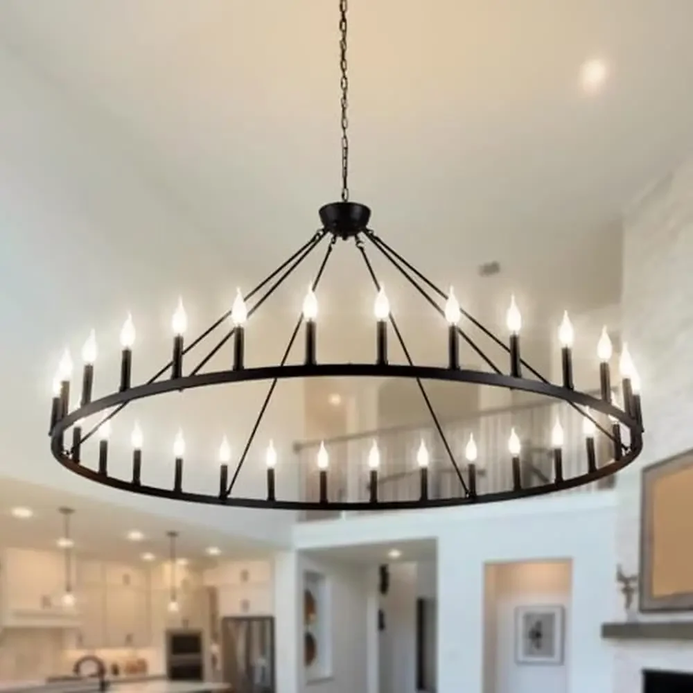 Large Rustic Farmhouse Chandelier 30-Light Black Round Lighting Vintage Retro Solid Comfortable Glow E12 Compatible Bulbs Not