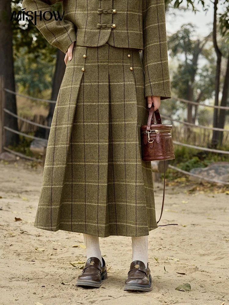 MISHOW Retro Plaid Tweed Jacket Short Skirt Separately Women 2024 Winter Doll Collar Jacket Pleated Mid Length Skirt MXD48W0469