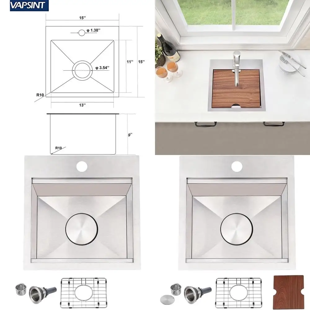 

15 Single Bowl Topmount Stainless Steel Kitchen Sink for Small Bars, RV, and Outdoor Prep with Drainer and Cutting Board