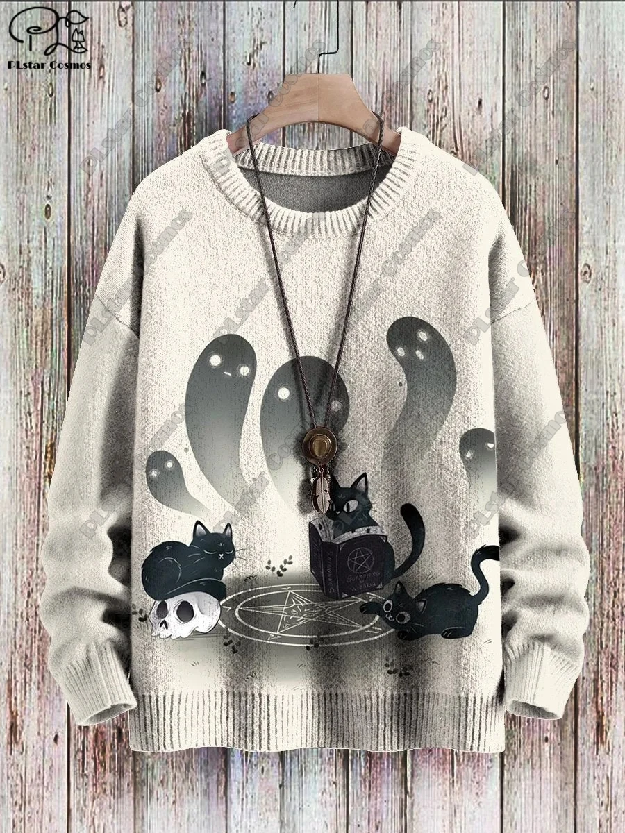 3D-Druck Halloween-Sammlung Hexe Schädel Katze Rabe Kürbis hässlichen Pullover lässig Unisex Winter Sweatshirt W-2