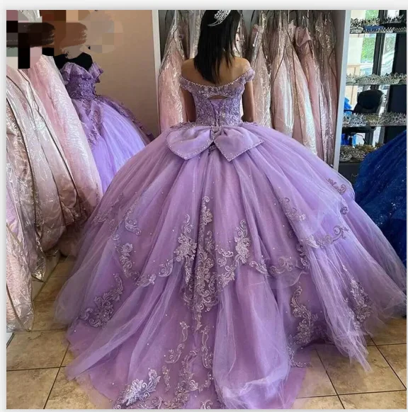 فساتين أرجواني Quinceanera متألقة من ANGELSBRIDEP مع قوس ، زينة دانتيل فاخرة ، فساتين حفلات موسيقية ، حفلة عيد ميلاد ، 15 عامًا