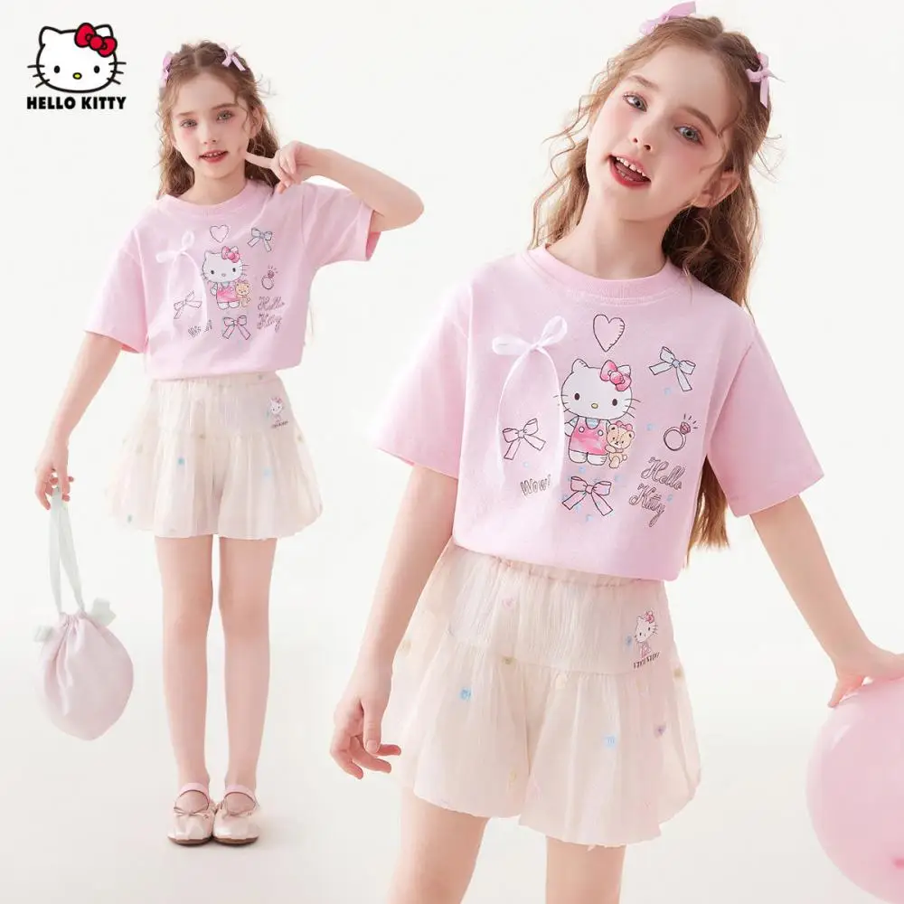 

Sanrio Hello Kitty Short Sleeves Short Sleeves Set Summer Skirt with Inner Safety Pant Dress Child Sweet T-Shirt Skirt Pant Tops