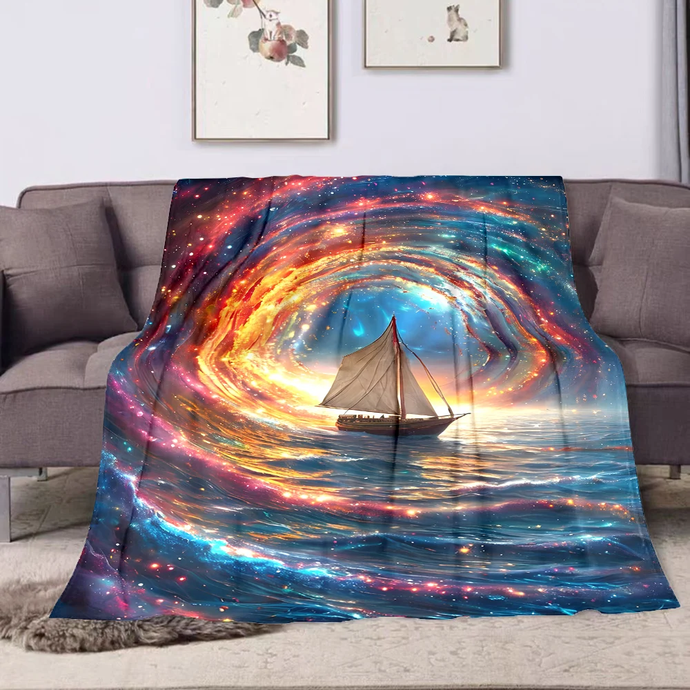1PC Boat in cosmic vortex printed blanket all seasons multi-purpose blanket suitable for sofa, camping, travel, car