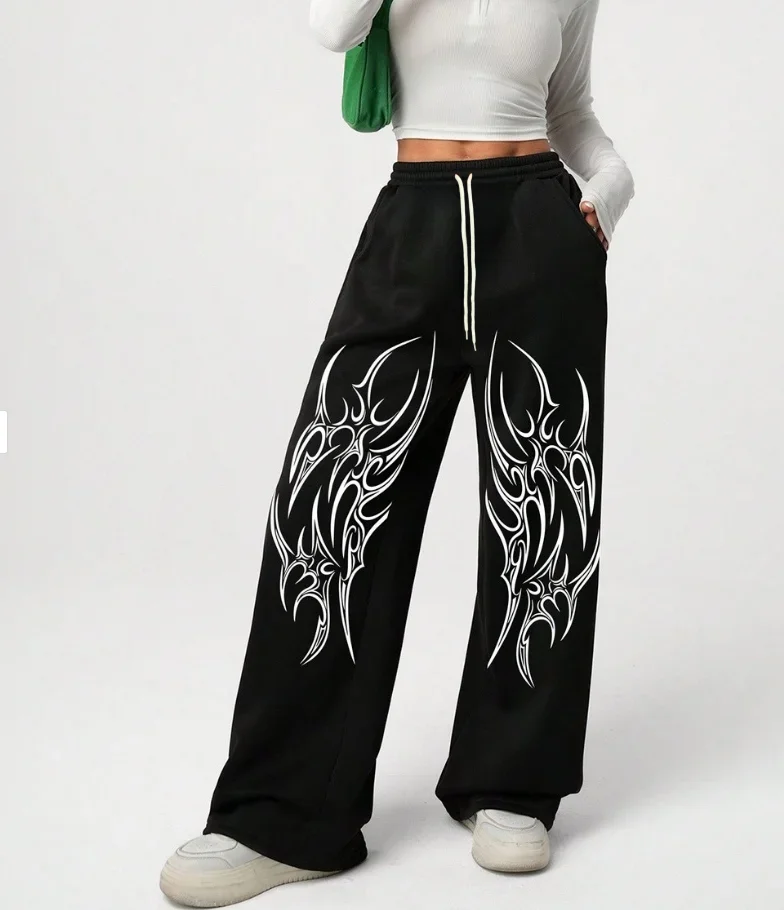 Unisex Black Contrasting Flame Totem High Street Style Full Size Loose Wide Leg Casual Sports Pants for Adults And Kids