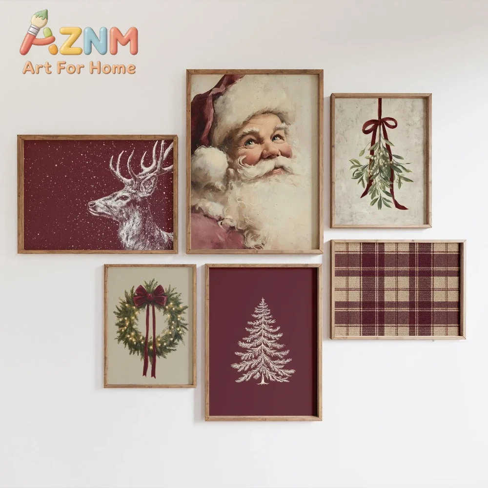 AZNM Vintage Burgundy Christmas Canvas Painting, Santa Reindeer Wreath Pine Tree Mistletoe Plaid Art Print, Farmhouse Winter Hol