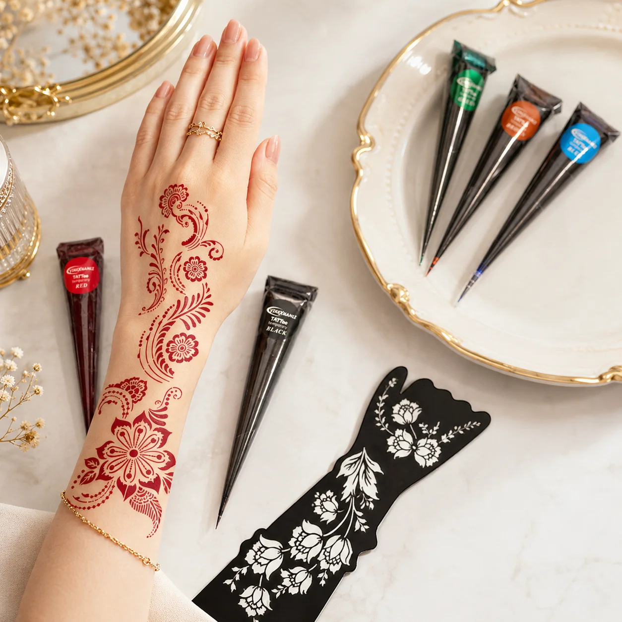 2 /4 Colors Temporary Tattoo Paste Kit Full Hand Henna Stencils Black Red Mehndi Cones DIY Body Art Festival Party Makeup Kit