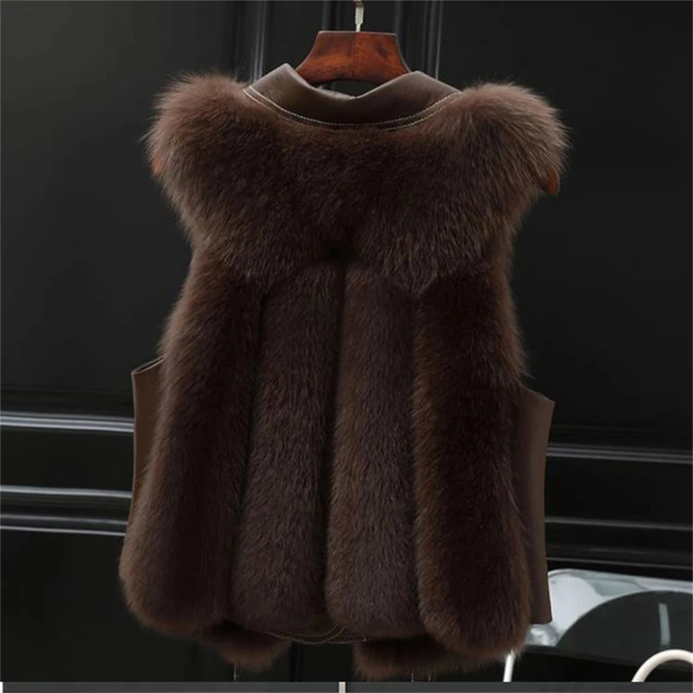 2024 Elegant Fluffy Jacket Vest Buckle Short Coat Luxury Outerwear Autumn Faux Leather Fur Coats and Jackets Women High Quality