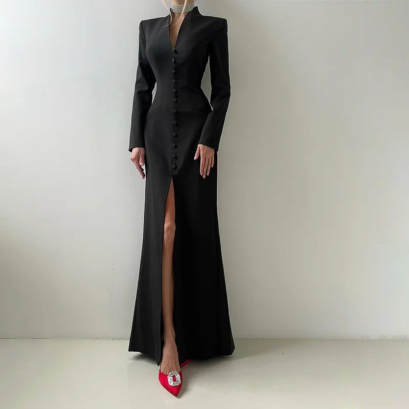 

European and American style 2025 autumn new French style solid color V-neck high waist slim fit and slimming slit dress dress