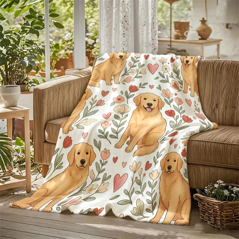Golden Retriever Flowers Flannel Blanket Perfect for Sofa Office Bed Travel Sleep Read Relax Camping Four Season Use