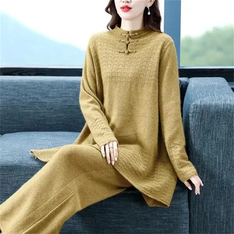 High Quality Long Pullover Knit Suit Women's 2023 Spring Autumn New Fashion Sweater Wide Leg Pants Two-Piece Set Of Mother Suits