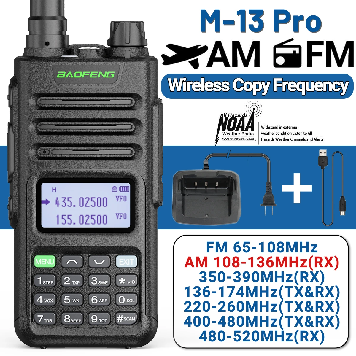 

BaoFeng M-13 Pro Walkie Talkie Air Band Long Range Wireless Copy Frequency Type-C Charger High Power UV13 K5 Ham Two Way Radio