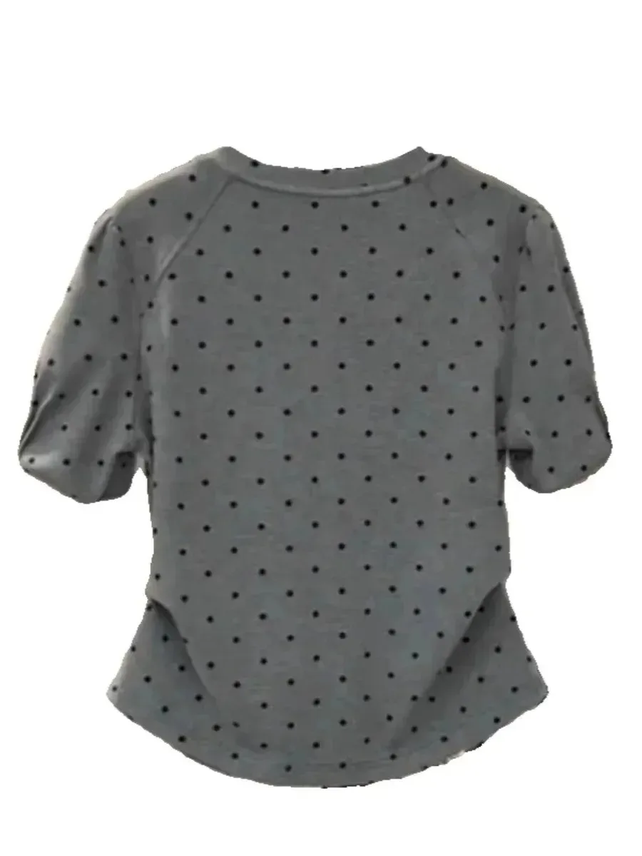 Camiseta de lunares para mujer, manga corta, cuello redondo, corte entallado, diseño Vintage dulce y picante, hombro redondo único, moda Wh5